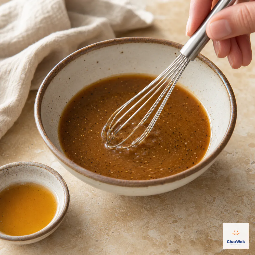 A small whisk stirs oyster sauce, light soy sauce, cornstarch, coarse black pepper, sugar, and water into an even medium-brown sauce with no starch settled below