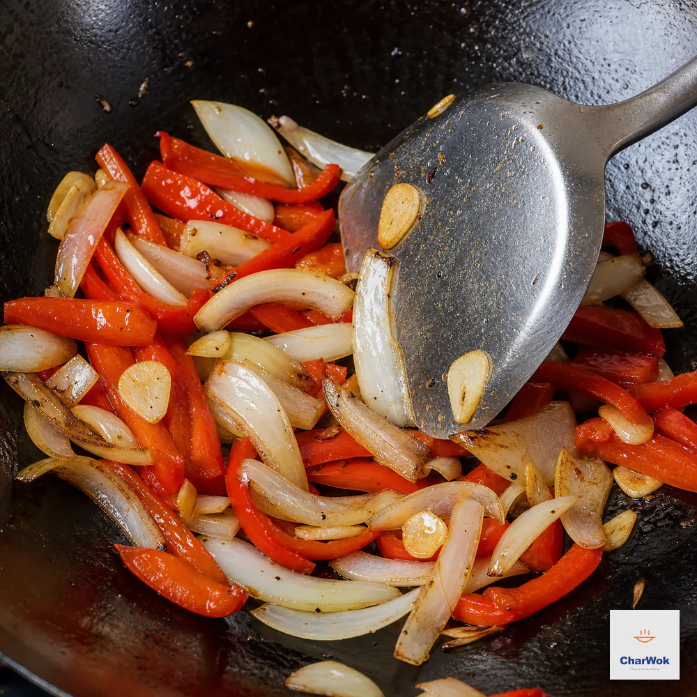 Pale-gold garlic slices, broad onion strips with lightly charred edges, and bright red bell pepper strips are tossed in a dark wok without beef or sauce