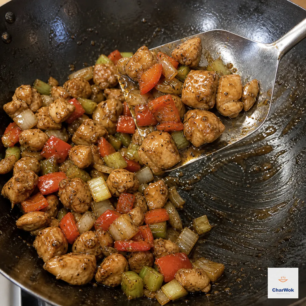 A broad wok spatula lifts black-pepper chicken and vegetables coated in a thin glossy film above a bare wok bottom marked only by narrow sauce streaks with no liquid pool