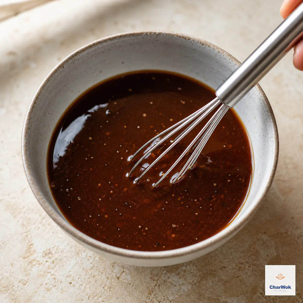 A small whisk stirs oyster sauce, light and dark soy sauces, cornstarch water, and coarse black pepper into an even loose mahogany sauce with no pale starch settled below
