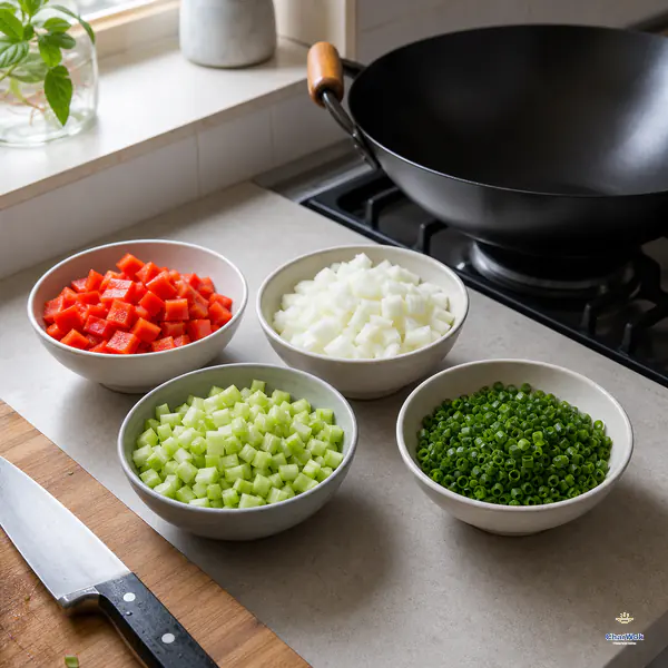 Separate bowls hold red bell pepper, onion and celery diced to match the chicken, plus finely chopped scallion greens beside an unlit wok