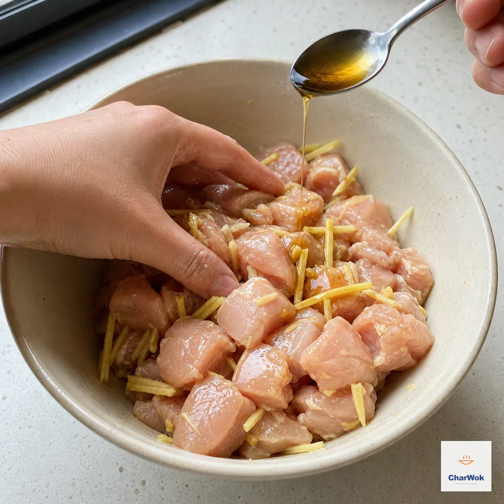 Raw chicken thigh cubes and ginger look lightly tacky with no liquid pooled in the bowl while a teaspoon drizzles toasted sesame oil over the surface