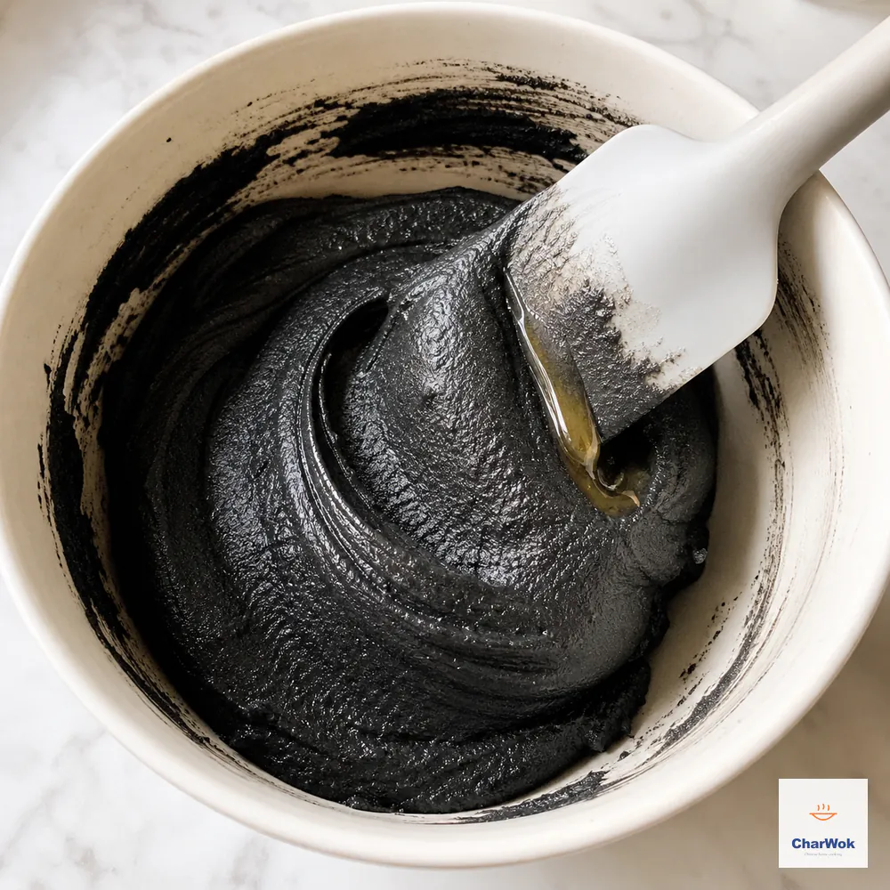 Honey is folded into glossy black sesame paste as a spatula lifts a firm ridge that holds its shape instead of flowing flat