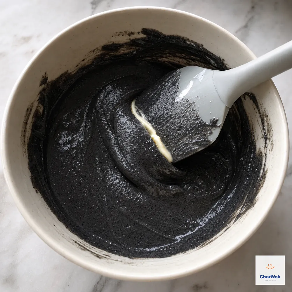 A narrow streak of softened butter is being folded evenly into thick glossy black sesame paste without melted oil pooling around it