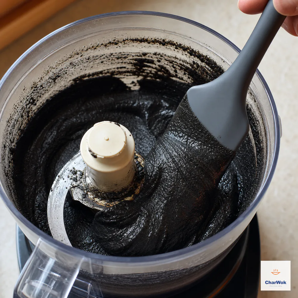 A food processor holds thick glossy deep-black sesame paste that moves slowly and leaves smooth curved tracks with no dry sandy layer