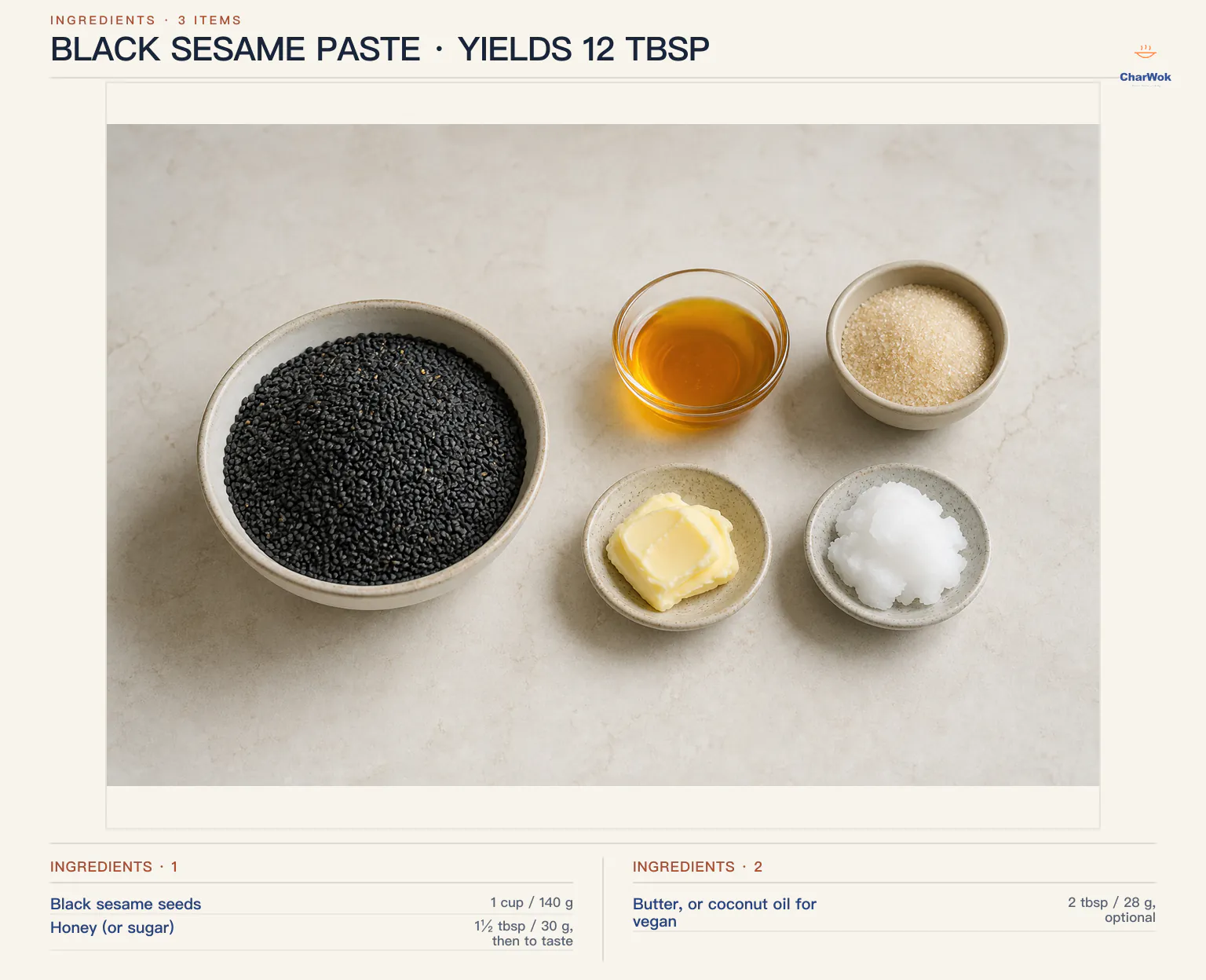 Black sesame paste ingredients labeled in English: 1 cup or 140 g whole unhulled black sesame seeds, 1 and a half tablespoons or 30 g honey with granulated sugar as an alternative and more to taste, plus an optional 2 tablespoons or 28 g softened butter or solid coconut oil