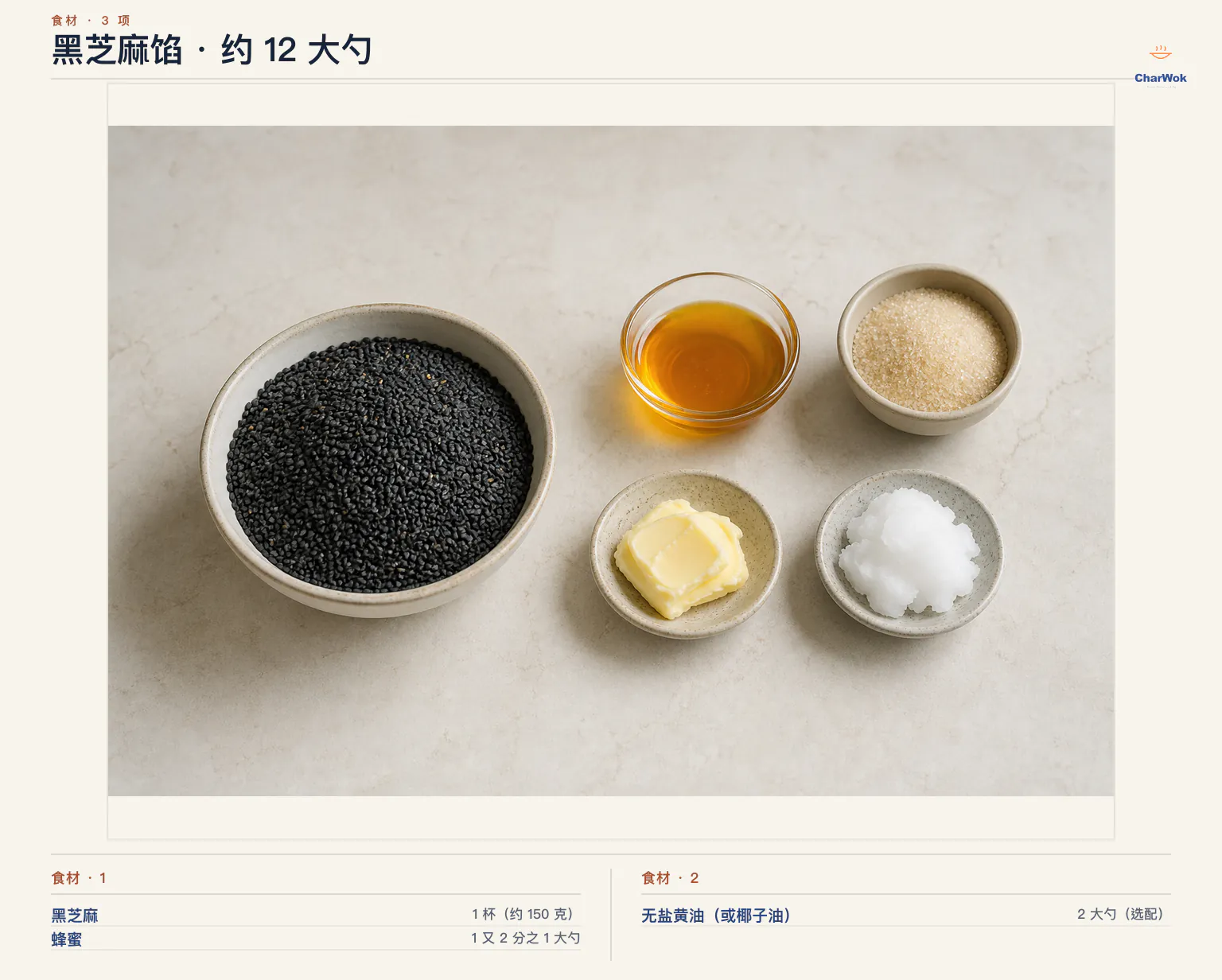 黑芝麻馅简中食材图:黑芝麻 1 杯约 150 克、蜂蜜 1½ 大勺并可依口味增加或改用砂糖,以及选配的无盐黄油或椰子油 2 大勺