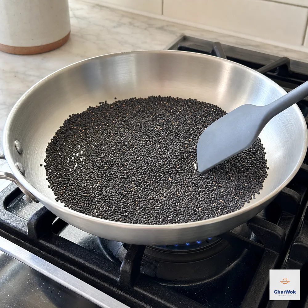 A thin even layer of whole black sesame seeds is stirred over a tiny low flame in a dry pale skillet with no smoke or scorched patches
