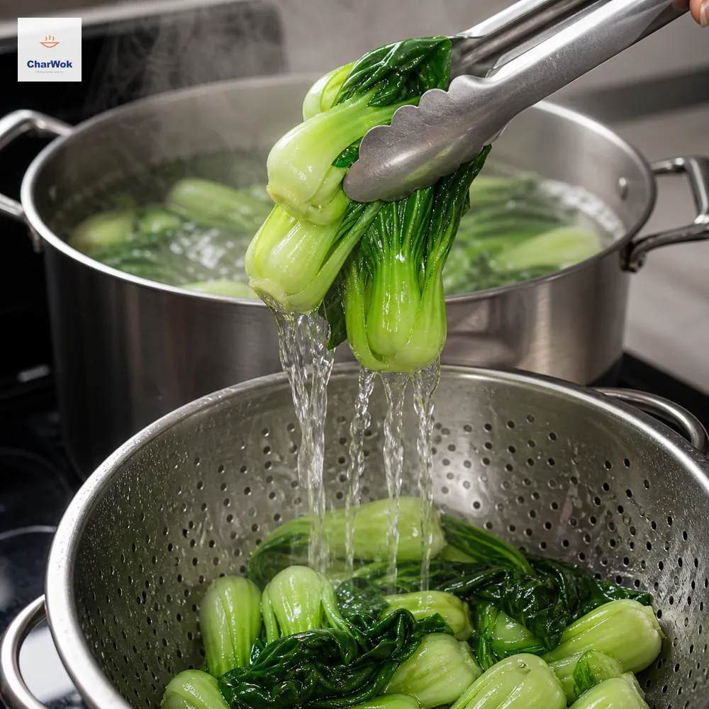 Tongs lift vivid baby bok choy from a full rolling boil over a perforated colander as clear water streams from plump crisp stems