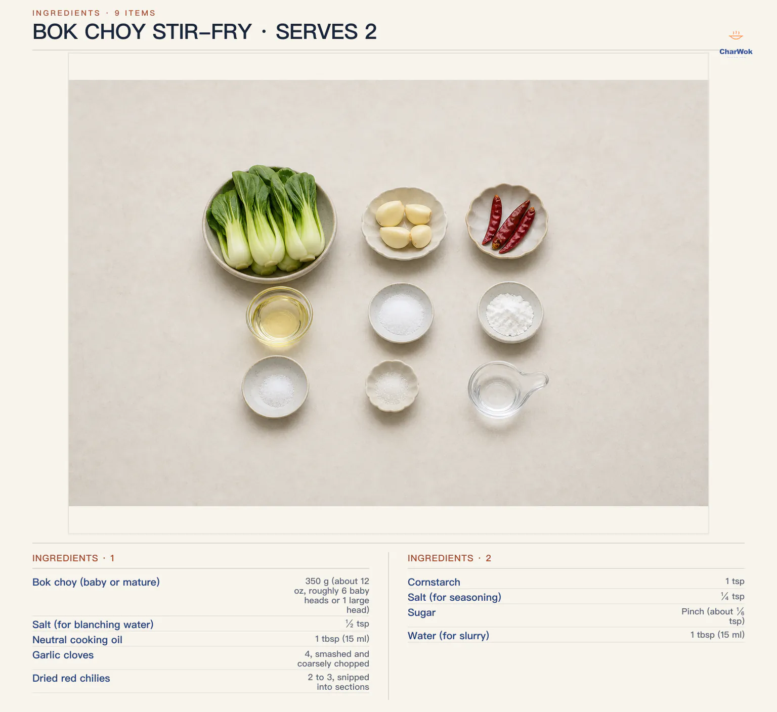 Bok choy stir-fry ingredients labeled in English: 350 g or 12 oz bok choy, 4 smashed garlic cloves, 2 to 3 optional dried chilies, 1 tablespoon or 15 ml neutral oil, half a teaspoon salt for blanching, 1 teaspoon cornstarch, quarter teaspoon seasoning salt, a pinch about one-sixth teaspoon sugar, and 1 tablespoon or 15 ml water
