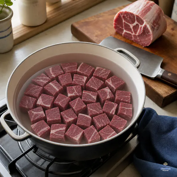 Raw beef shank cubes sit fully submerged in still cold water before the burner is lit, with the uncut shank and cleaver behind the pot