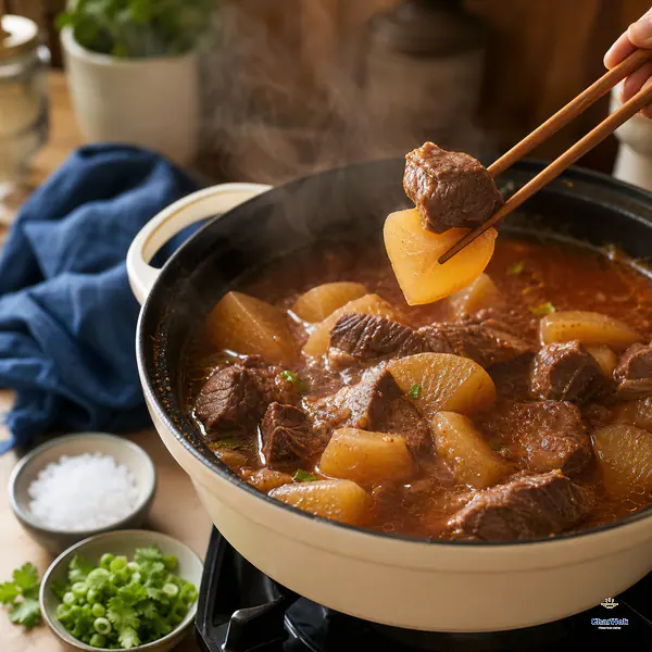 Chopsticks lift one tender beef cube and one intact translucent daikon piece above the bubbling braise while salt and sliced scallion wait beside the pot