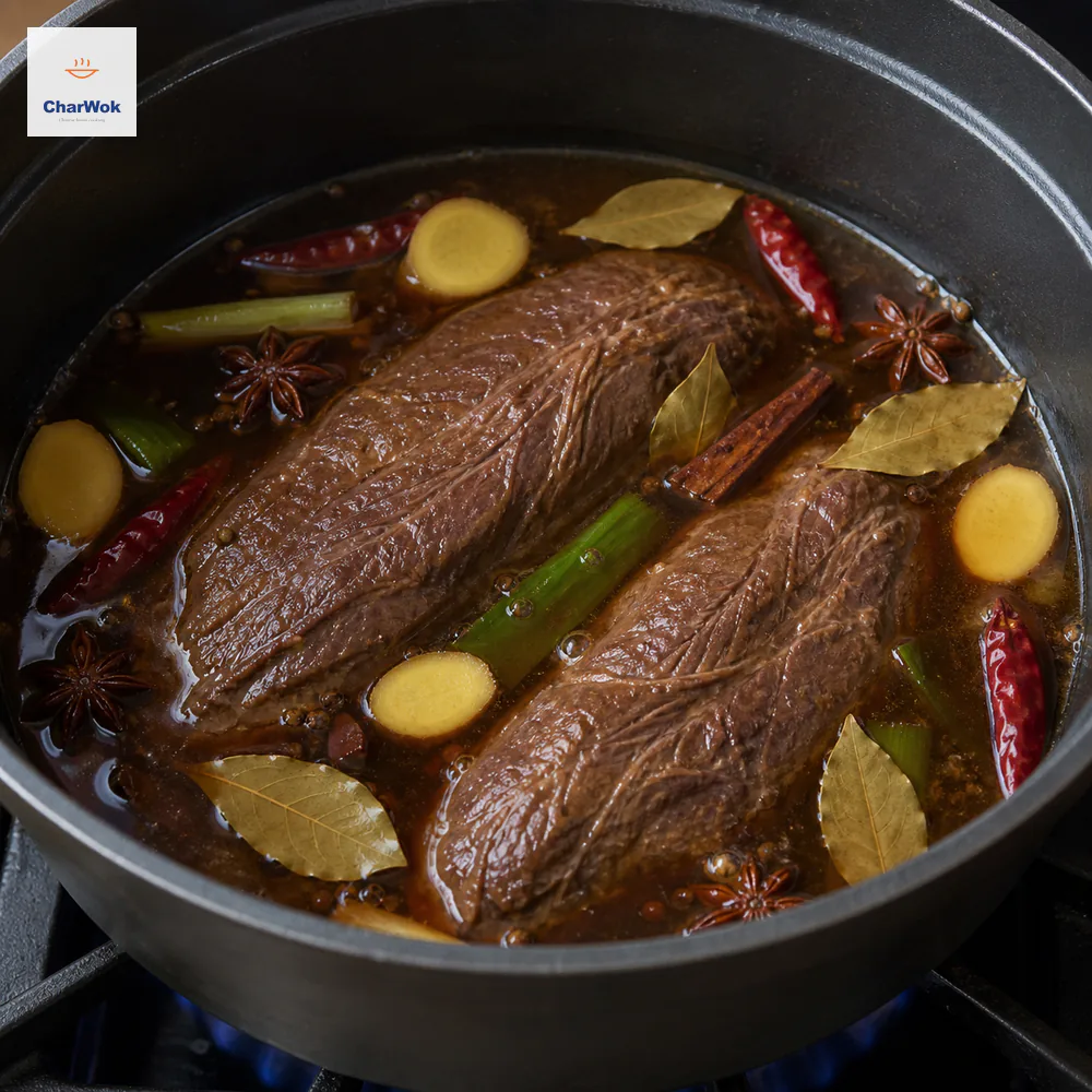 Two intact boneless beef shanks sit in nearly calm spiced master stock over a very low blue flame with only a few isolated lazy bubbles at the edge