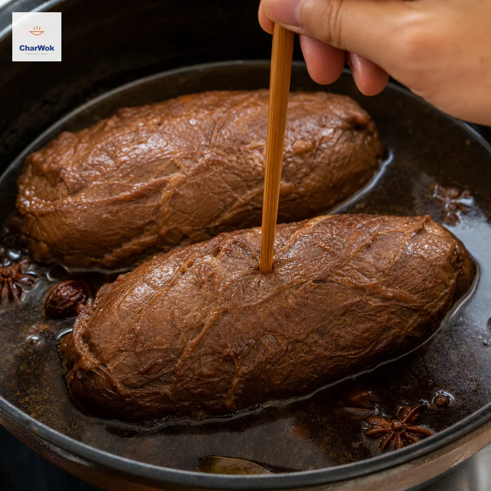 A wooden chopstick penetrates the thick center of a whole boneless braised beef shank while the compact surface dimples and grips it instead of collapsing or shredding