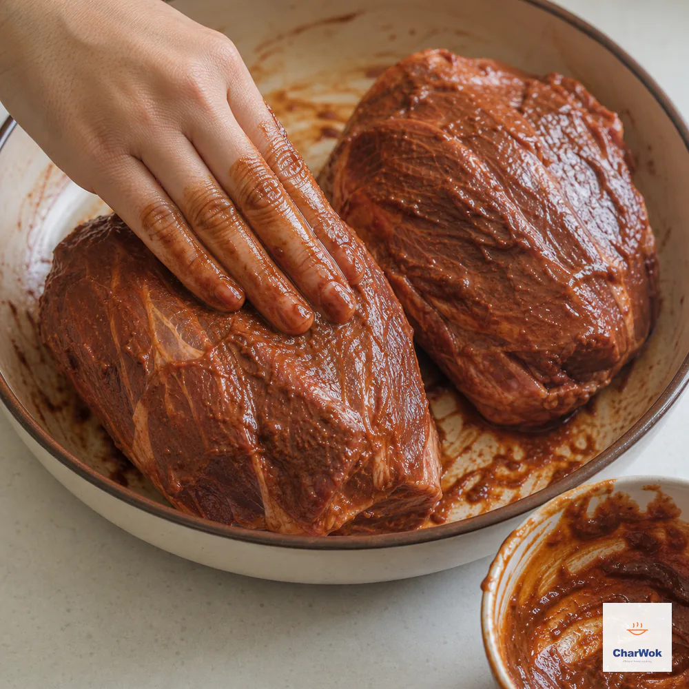 A hand rubs smooth reddish-brown bean-paste marinade over two firm raw boneless beef-shank halves until every surface is coated without intact bean-curd pieces or watery liquid