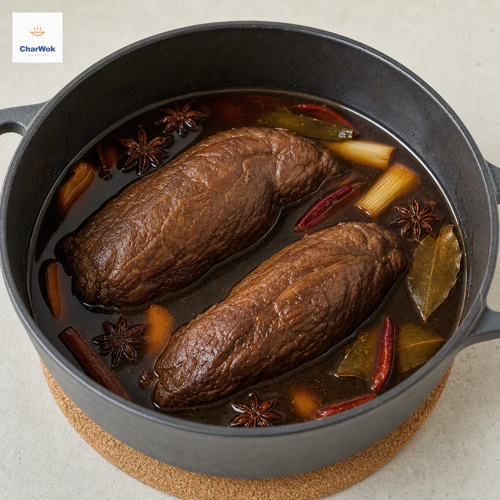 Two intact cooked boneless beef shanks cool in completely still dark master stock inside a heavy pot resting off the stove on a cork trivet