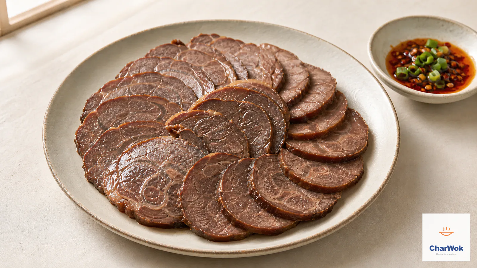 Chilled sliced Chinese braised beef shank with spiral connective tissue