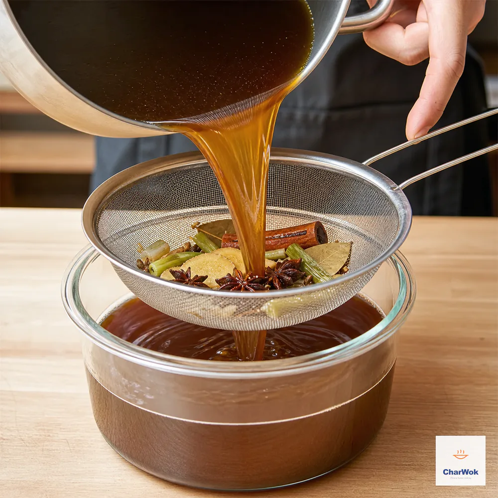 Clear amber-brown master stock pours through a fine metal sieve that catches spent scallion, ginger, star anise, cassia, bay leaves, chilies, and small whole spices