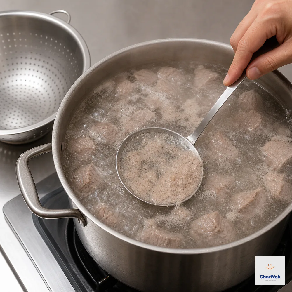 A shallow metal skimmer lifts brown-gray protein foam from beef chunks at a full rolling boil while an empty metal colander waits beside the pot