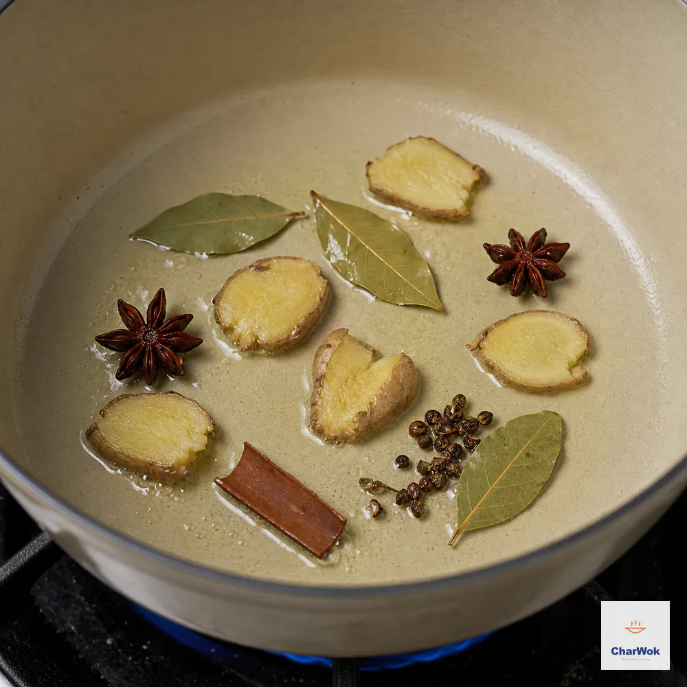 Six ginger slices, two star anise, three bay leaves, one cassia piece, and Sichuan peppercorn gently sizzle in a thin oil sheen over a low blue flame without scorching