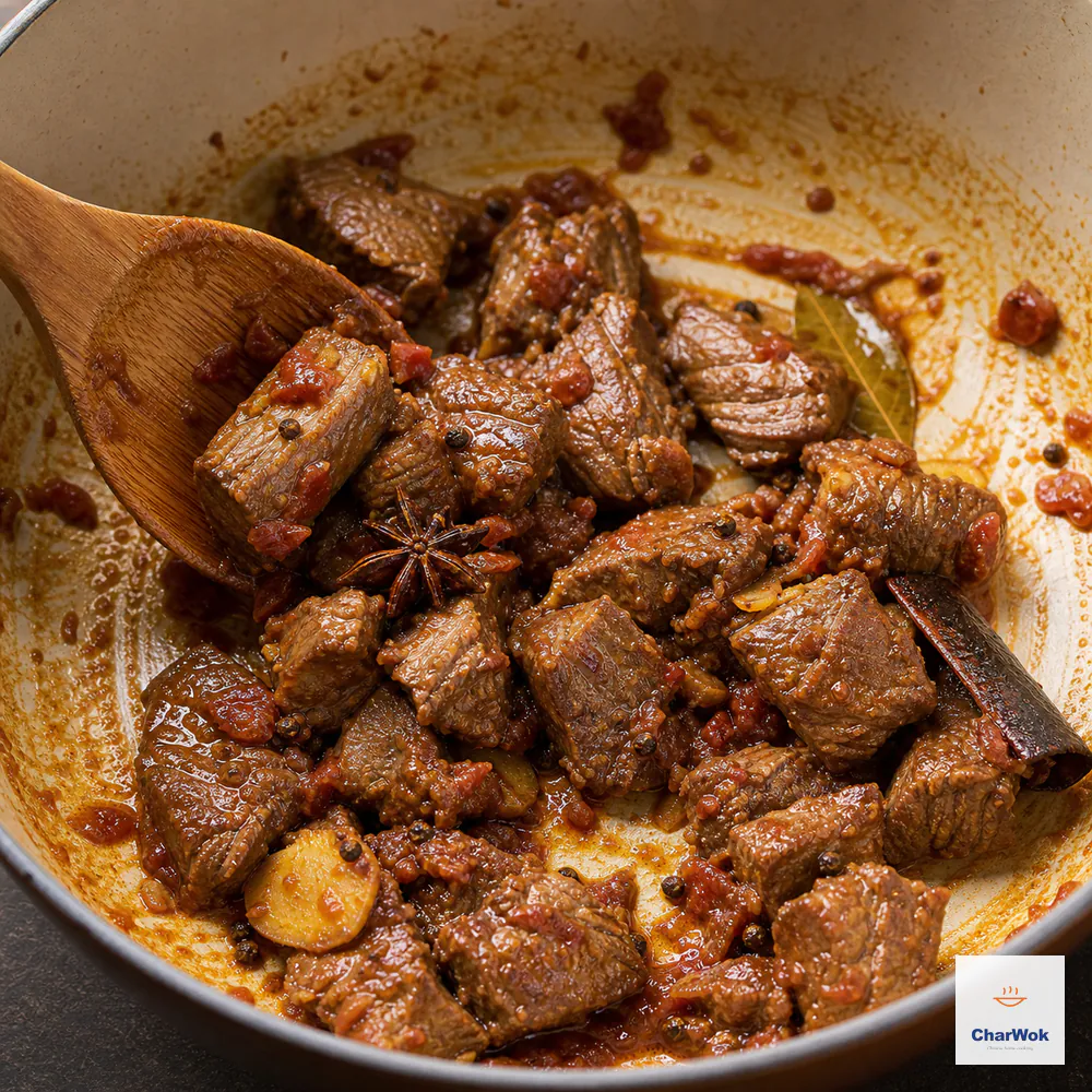 A wooden spatula tosses drained beef chunks in spice oil, collapsed chopped tomato, soy sauces, oyster sauce, and Shaoxing wine until a thin reddish-brown coating clings without pooled water