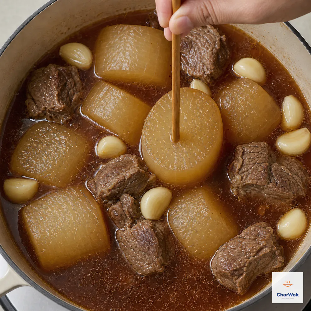 One vertical wooden chopstick tests the tender center of an intact daikon chunk with translucent edges among braised beef and whole garlic cloves