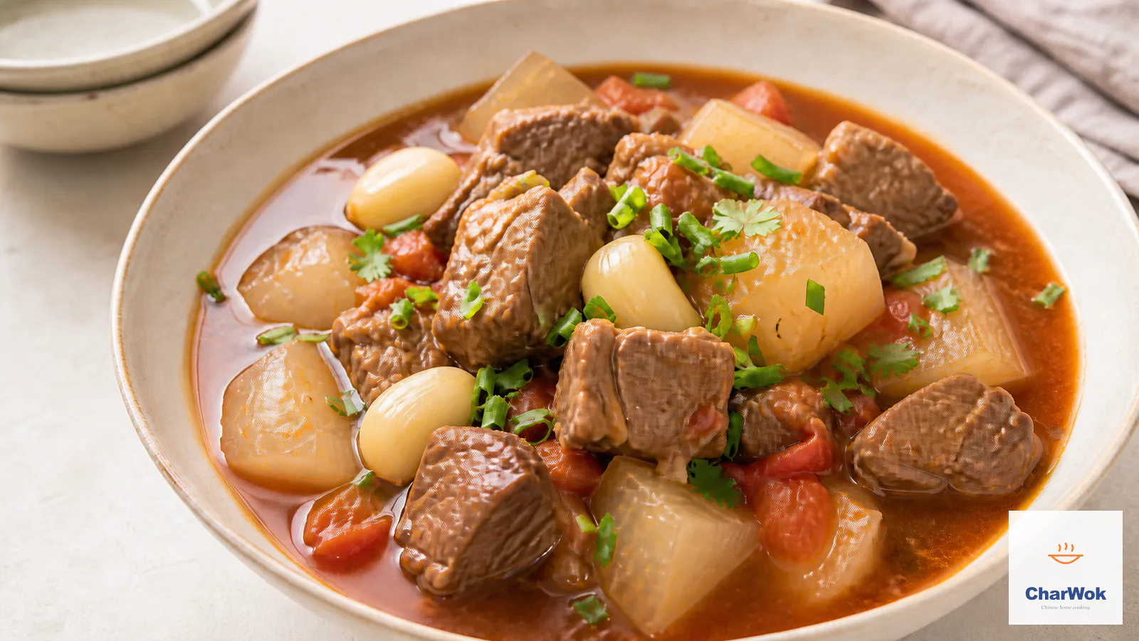 Tender braised beef and translucent daikon in mahogany sauce