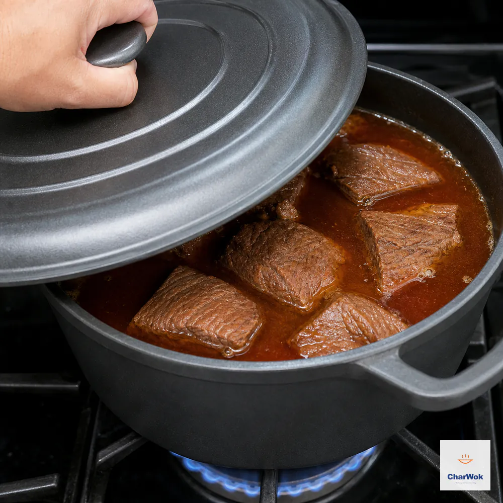 A tight heavy lid lowers over intact beef chunks in reddish-mahogany liquid showing only a few lazy edge bubbles above the lowest blue flame