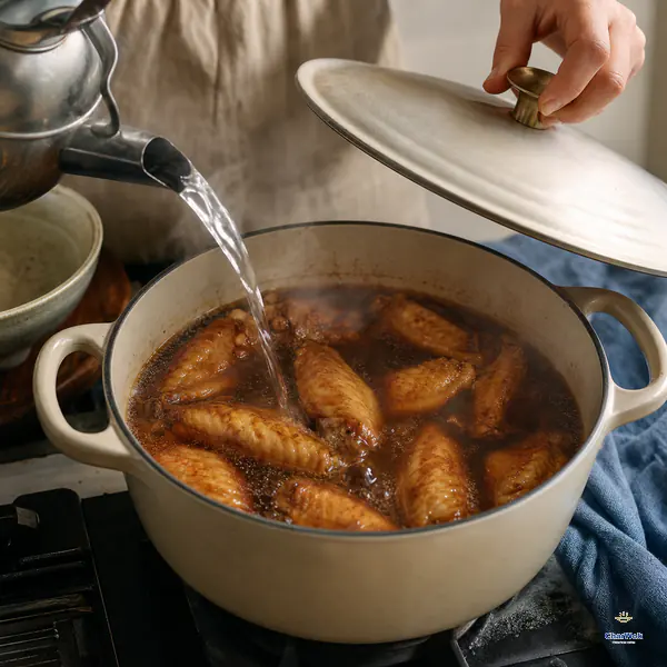 Hot water pours from a kettle into browned wings and dark soy sauce as one hand holds the heavy lid ready to cover the pot