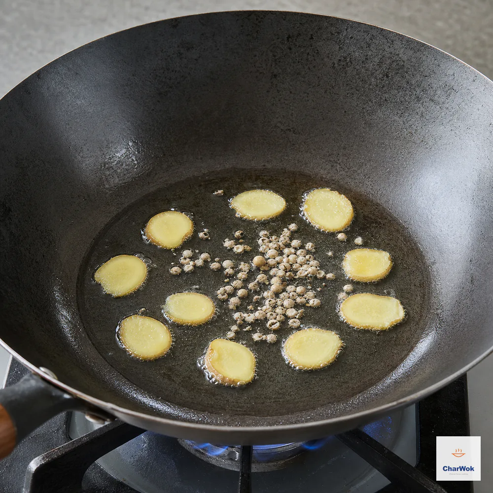 Exactly ten ginger coins and cracked pale white peppercorns begin to bubble gently in a thin oil sheen over a low blue flame without browning