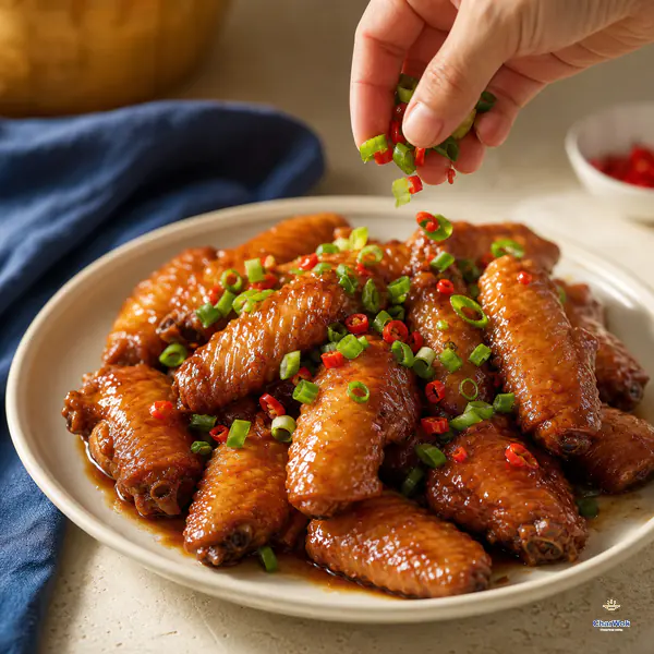 Fresh chopped scallion and red chili fall over a serving plate of glossy mahogany braised wing pieces