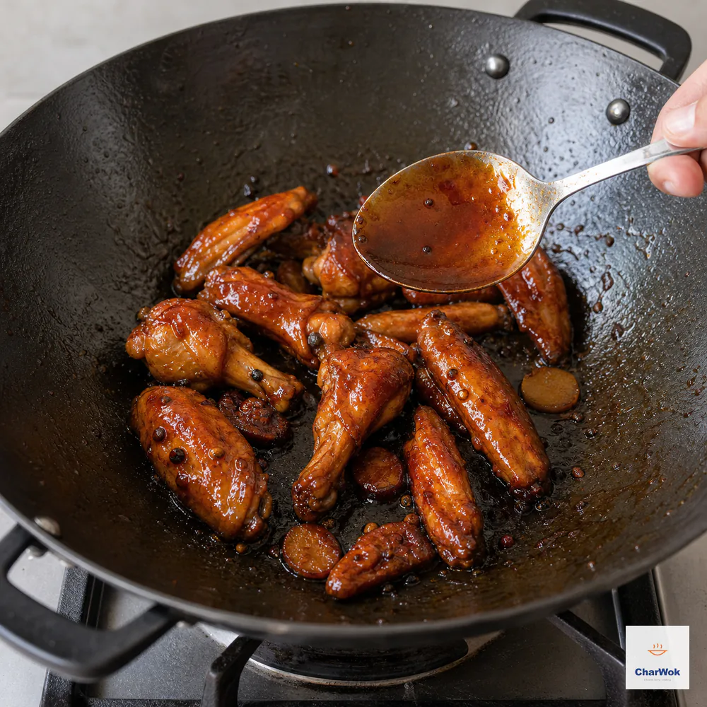 A metal spoon lifts an even mahogany sauce coating above lacquered cooked wings while the exposed wok bottom holds almost no liquid pool
