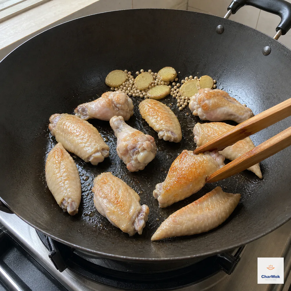Separated wing pieces sear in one uncrowded layer while wooden tongs turn one wingette to reveal genuinely golden intact skin