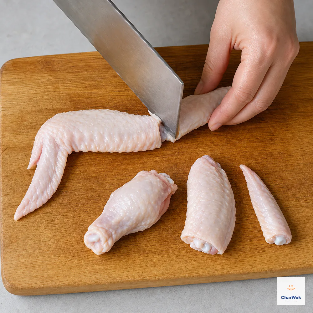A heavy cleaver presses through the soft cartilage joint of a complete raw wing beside cleanly separated drumette, wingette, and pointed tip sections