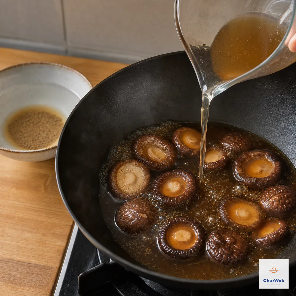 Clear amber mushroom liquid pours into an uncovered wok of whole shiitake caps while sandy sediment remains untouched in a separate bowl