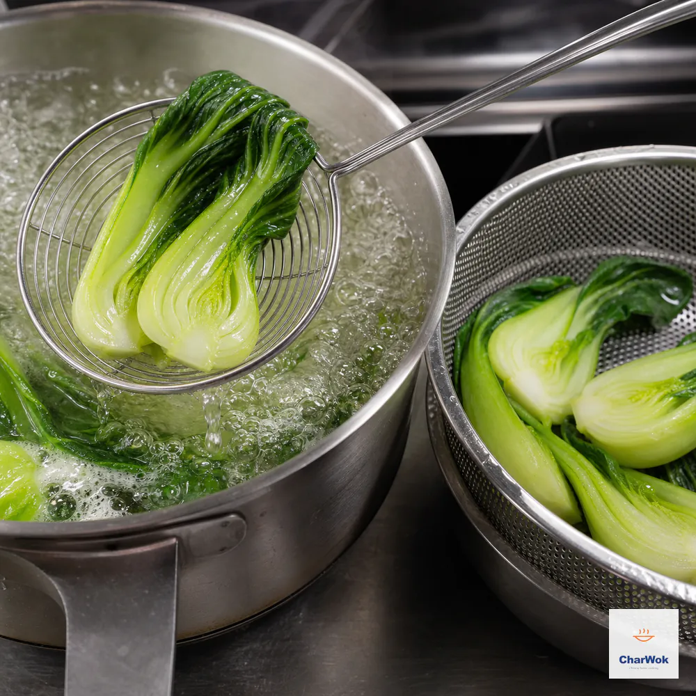 Vivid-green halved baby bok choy with crisp pale stems is lifted from a rolling boil and drained cut-side down in a metal colander