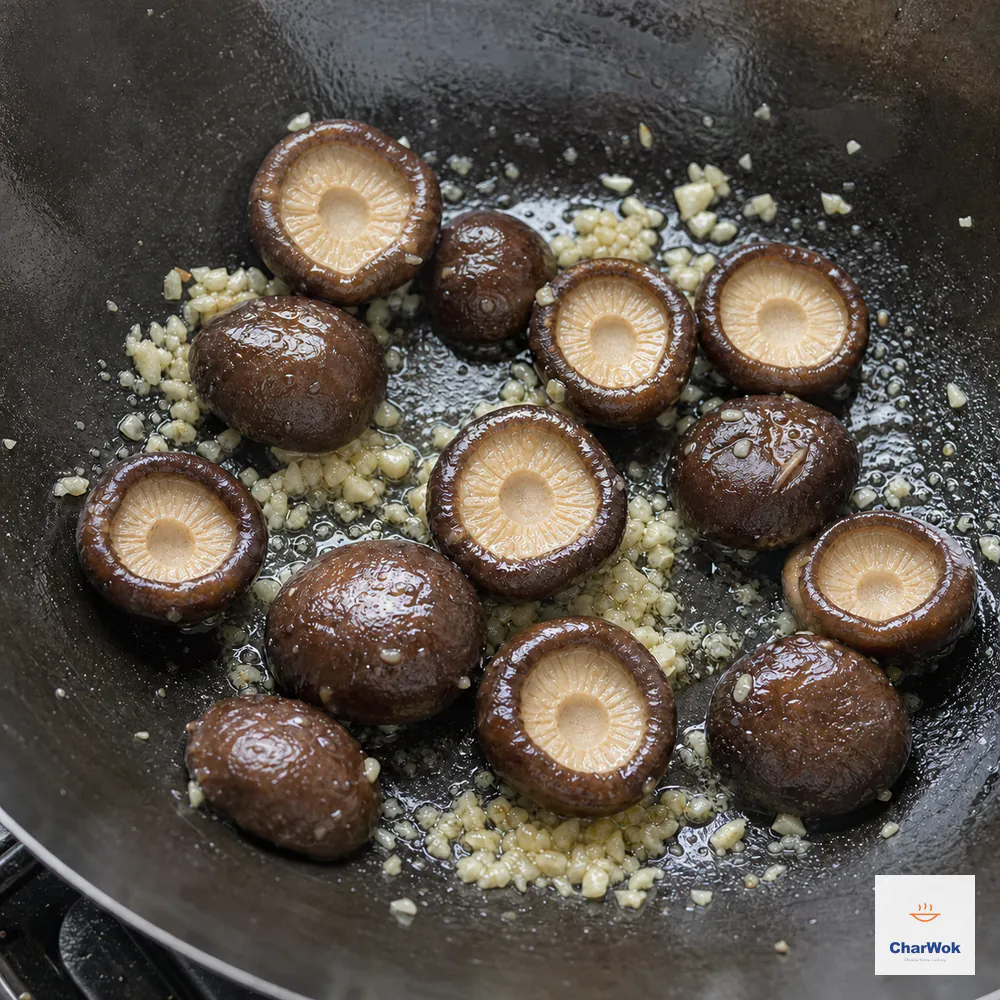 Stem-trimmed plump shiitake caps briefly sear with pale minced garlic in a thin oil sheen while the dark wok bottom remains exposed
