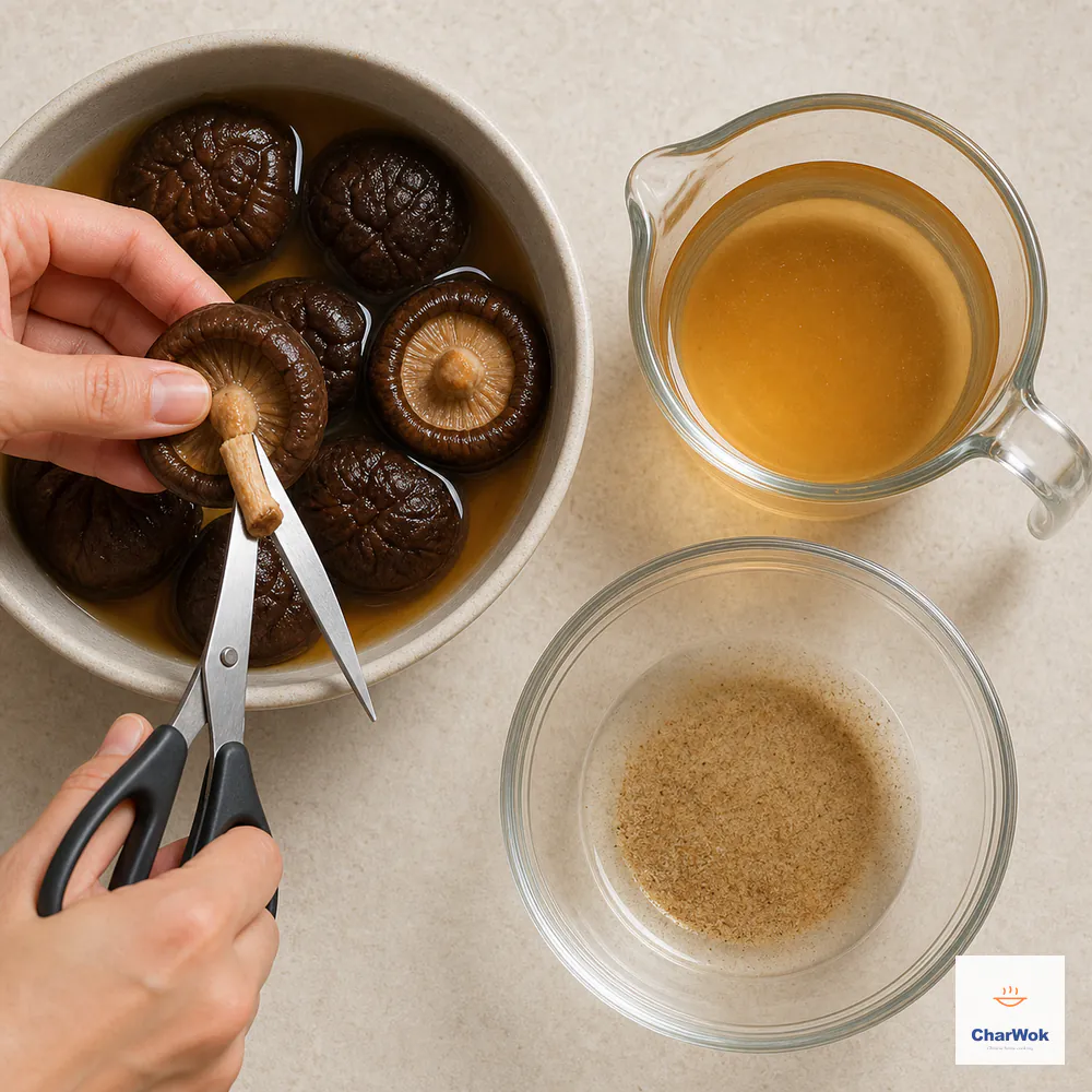 A plump cold-soaked shiitake cap is gently squeezed and its tough stem trimmed beside clean amber reserved soaking liquid and a separate bowl of sandy sediment