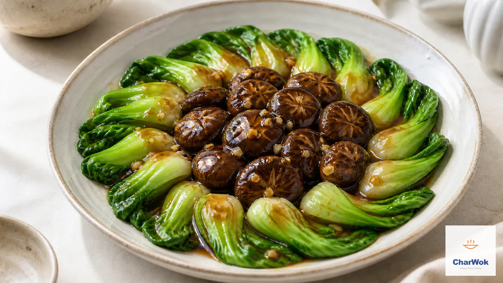 Glossy braised shiitake mushrooms with bright-green baby bok choy