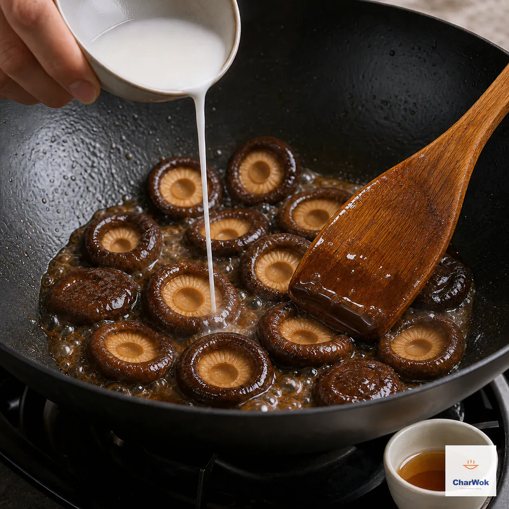 Smooth cornstarch slurry streams into glossy stem-trimmed braised mushrooms while translucent brown sauce forms a sheet on a wooden spatula