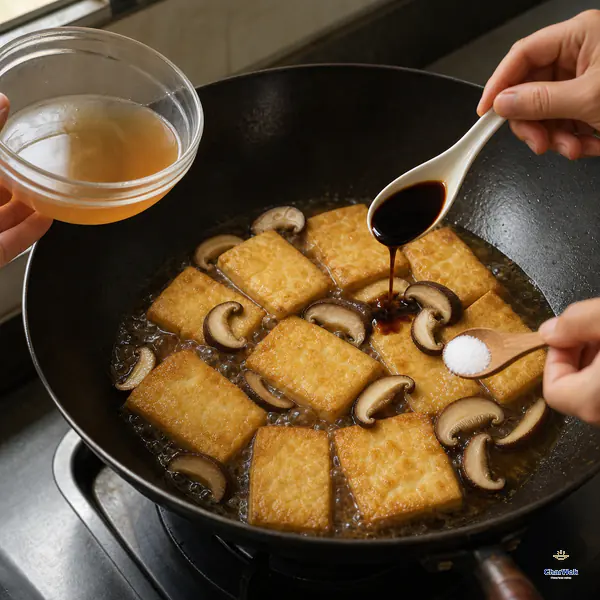 泡菇水正倒入炒出红油的豆瓣酱与蒜末锅中，香菇片、老抽与糖已加入，红褐汤汁开始冒出滚泡