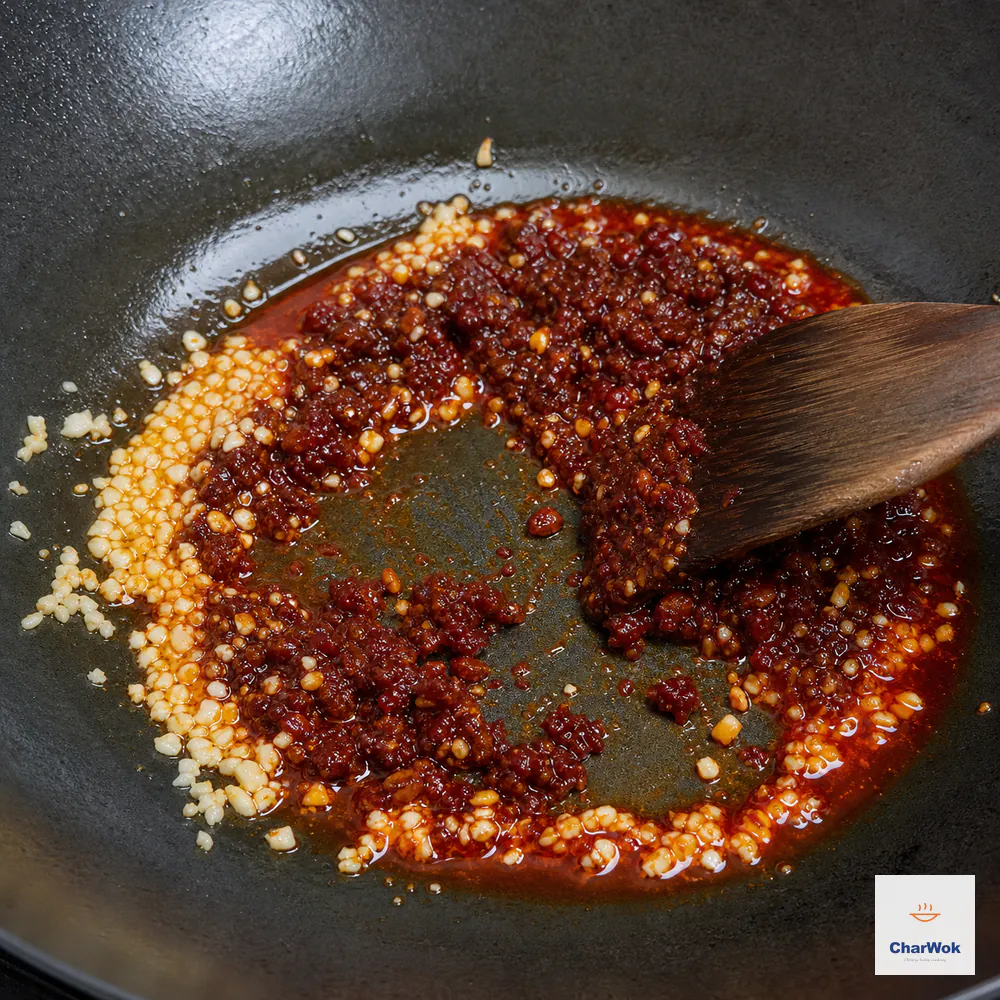 Pale minced garlic and coarse Sichuan chili bean paste are pressed through a thin oil film as a distinct translucent crimson oil ring separates around them