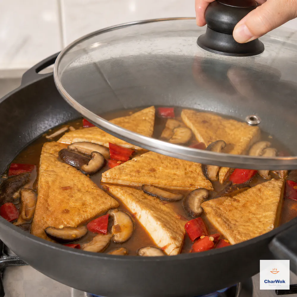 A glass lid lowers over intact golden tofu triangles, sliced shiitake, and red chili half-submerged in red-brown broth with sparse bubbles over a low flame