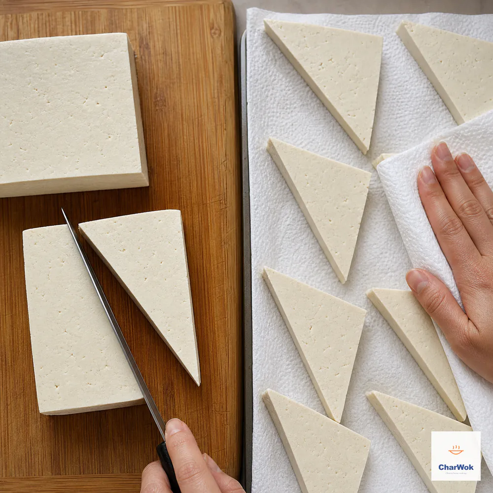 Firm tofu slabs about two centimeters thick are cut diagonally into intact triangles while finished pieces are pressed dry in one layer on kitchen paper