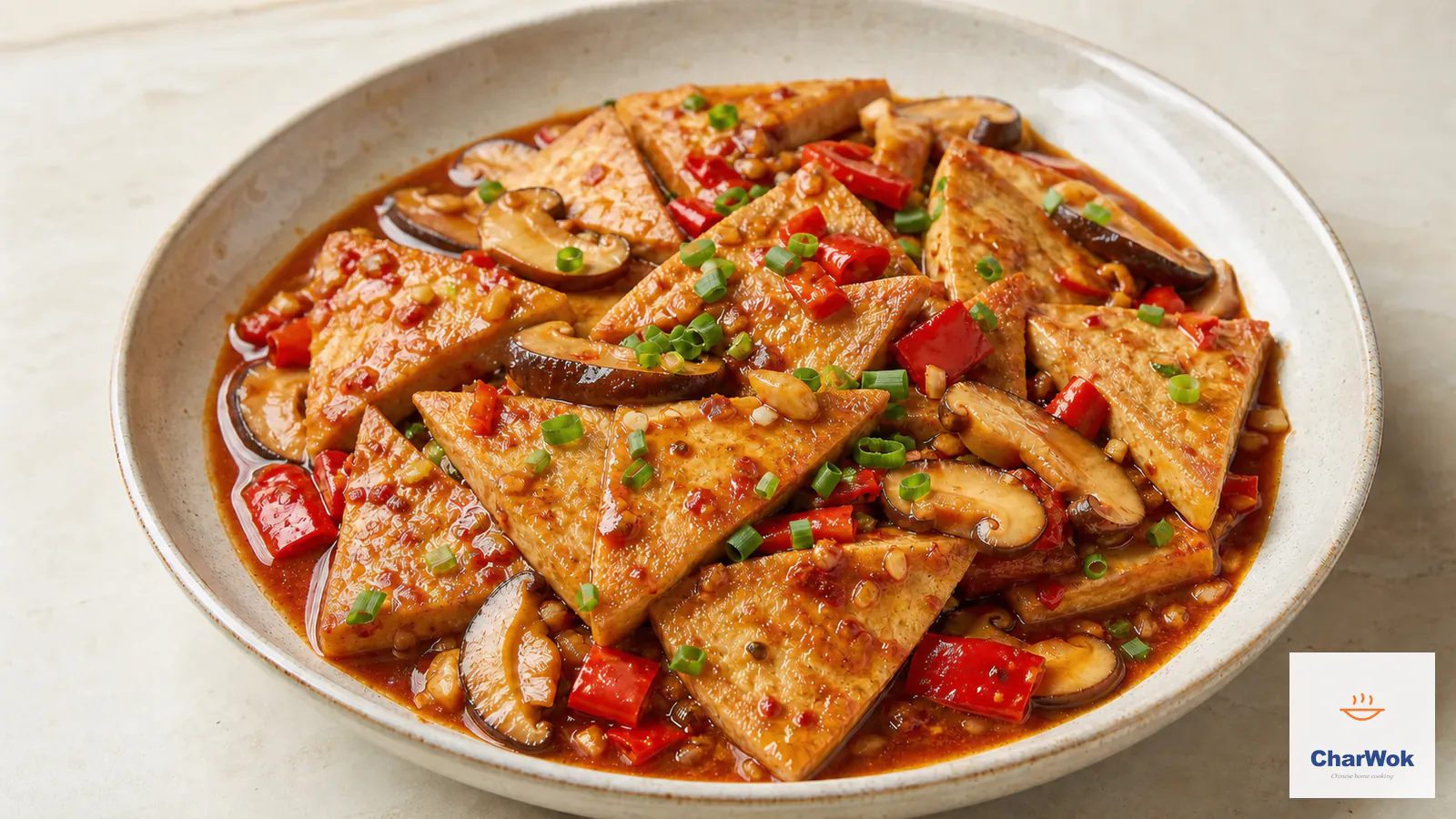 Deep-golden Sichuan-style braised tofu with shiitake and red chili