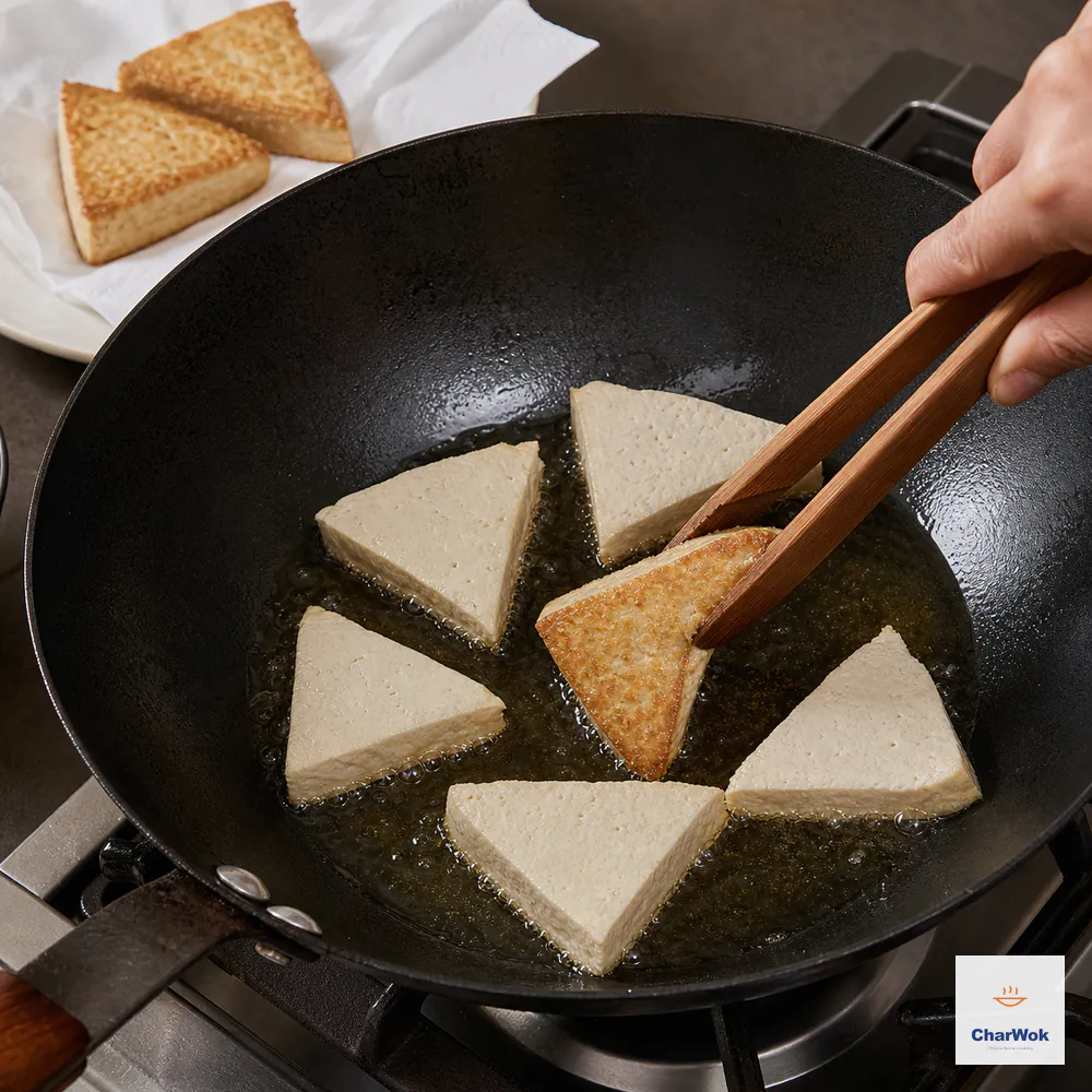 Separated tofu triangles shallow-fry in oil reaching halfway up their sides while wooden tongs reveal one evenly deep-golden lightly blistered face