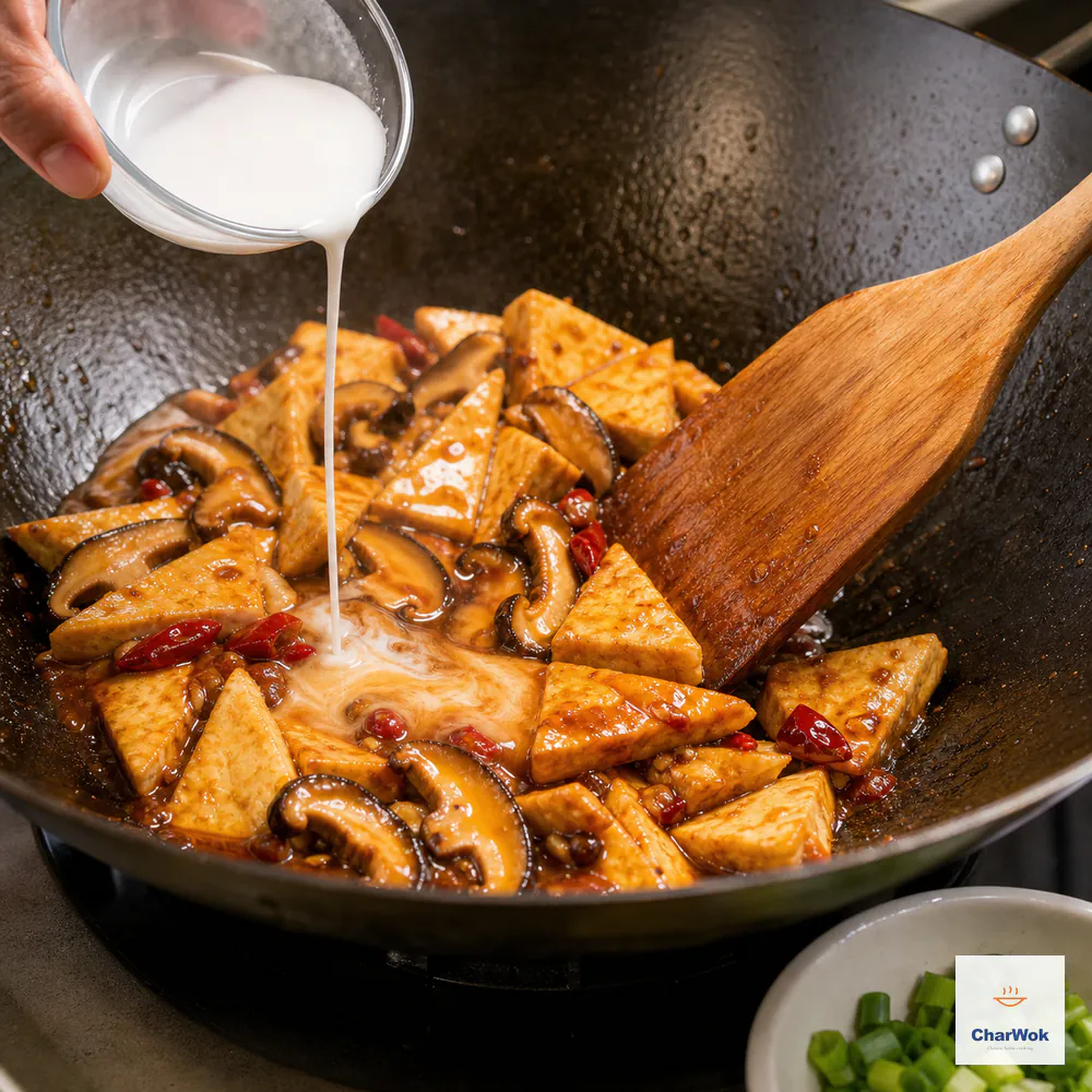 Smooth cornstarch slurry streams into intact golden tofu, shiitake, and red chili as a wooden spatula folds them through a thin translucent gloss