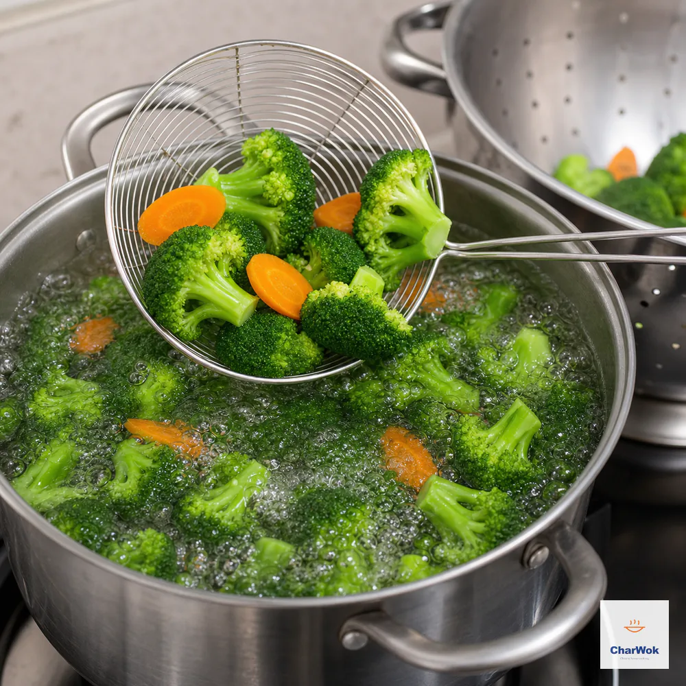 A wire spider lifts vivid green broccoli florets and thin diagonal carrot slices from abundant rolling water directly toward a metal colander