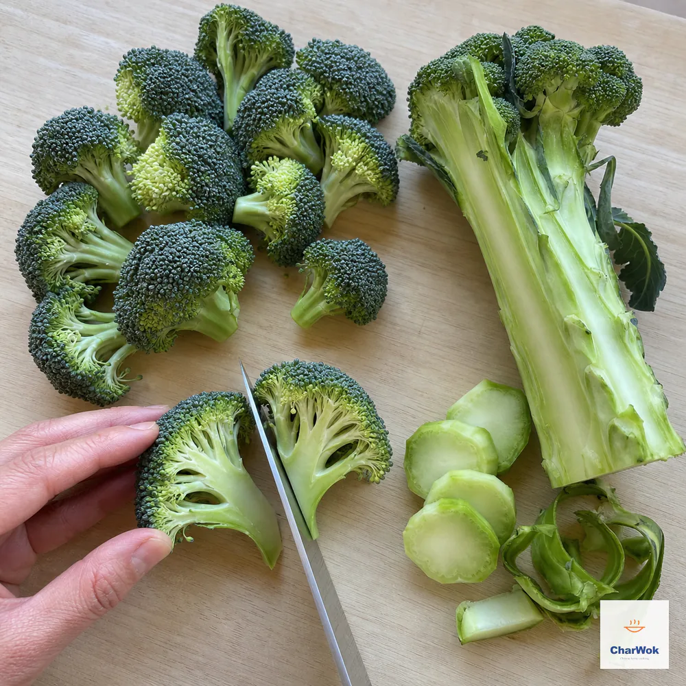 Standard broccoli is separated into even florets while one large floret is halved and the fibrous central stem is peeled to reveal a tender core and thin coins