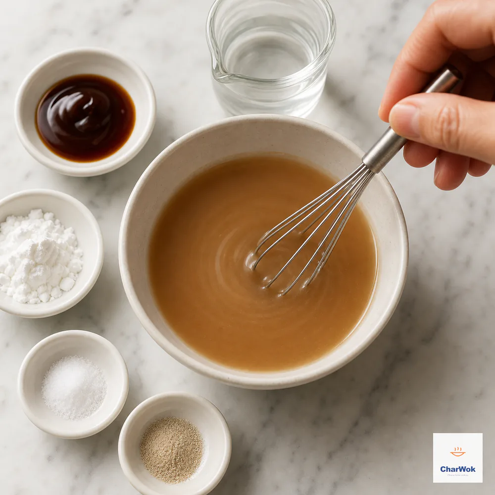 A small whisk re-suspends oyster sauce, cornstarch, salt, white pepper, and water into a smooth fluid tan slurry with no white lumps